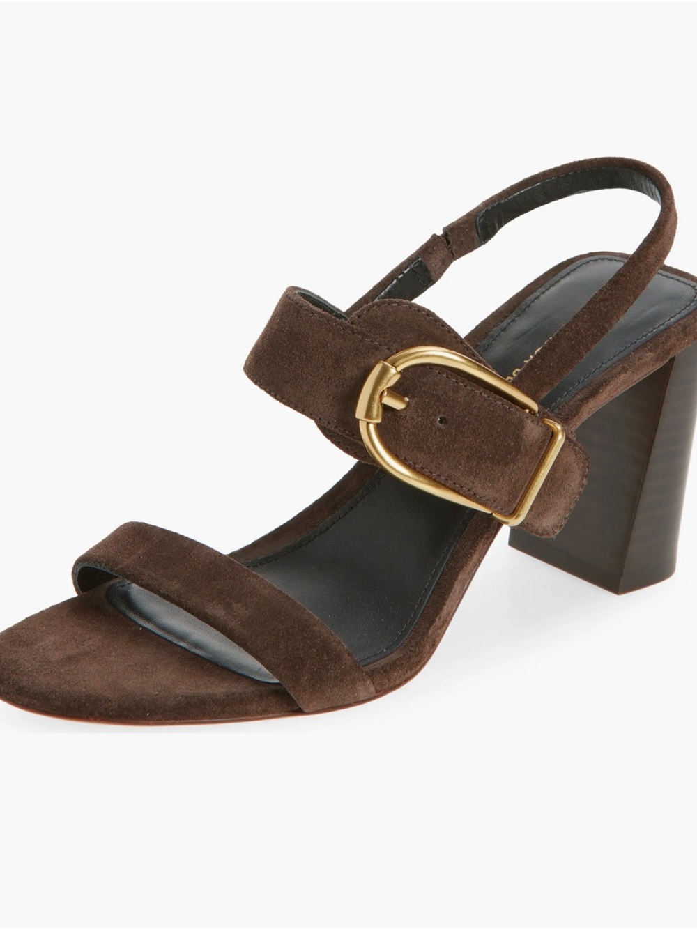 Veronica Beard Brown Suede Block Heel Sandal with Gold Buckle